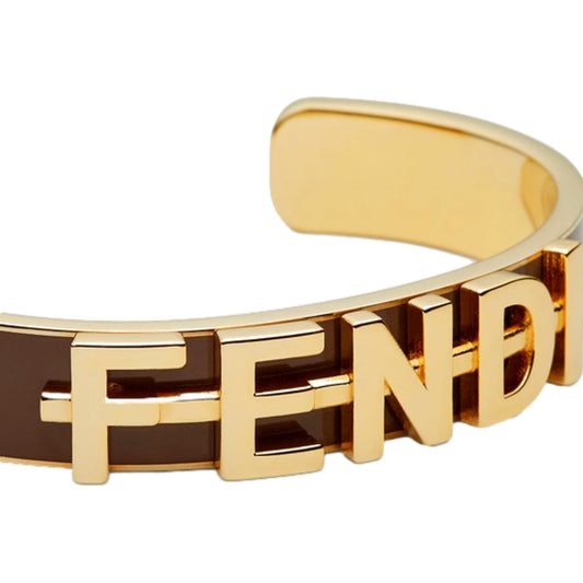 Fendi Fendigraphy Gold Tone Metal Brown Enamel Cuff Bracelet Jewelry - Shop Bags LLC