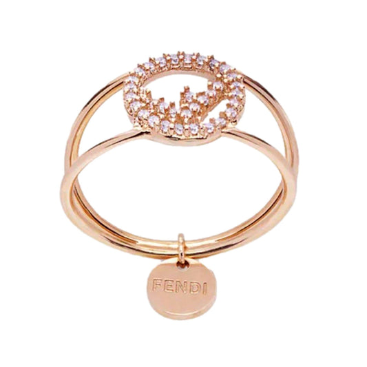 Fendi Ring: Crystal Logo Rose Gold Elegance - Size Small - Shop Bags