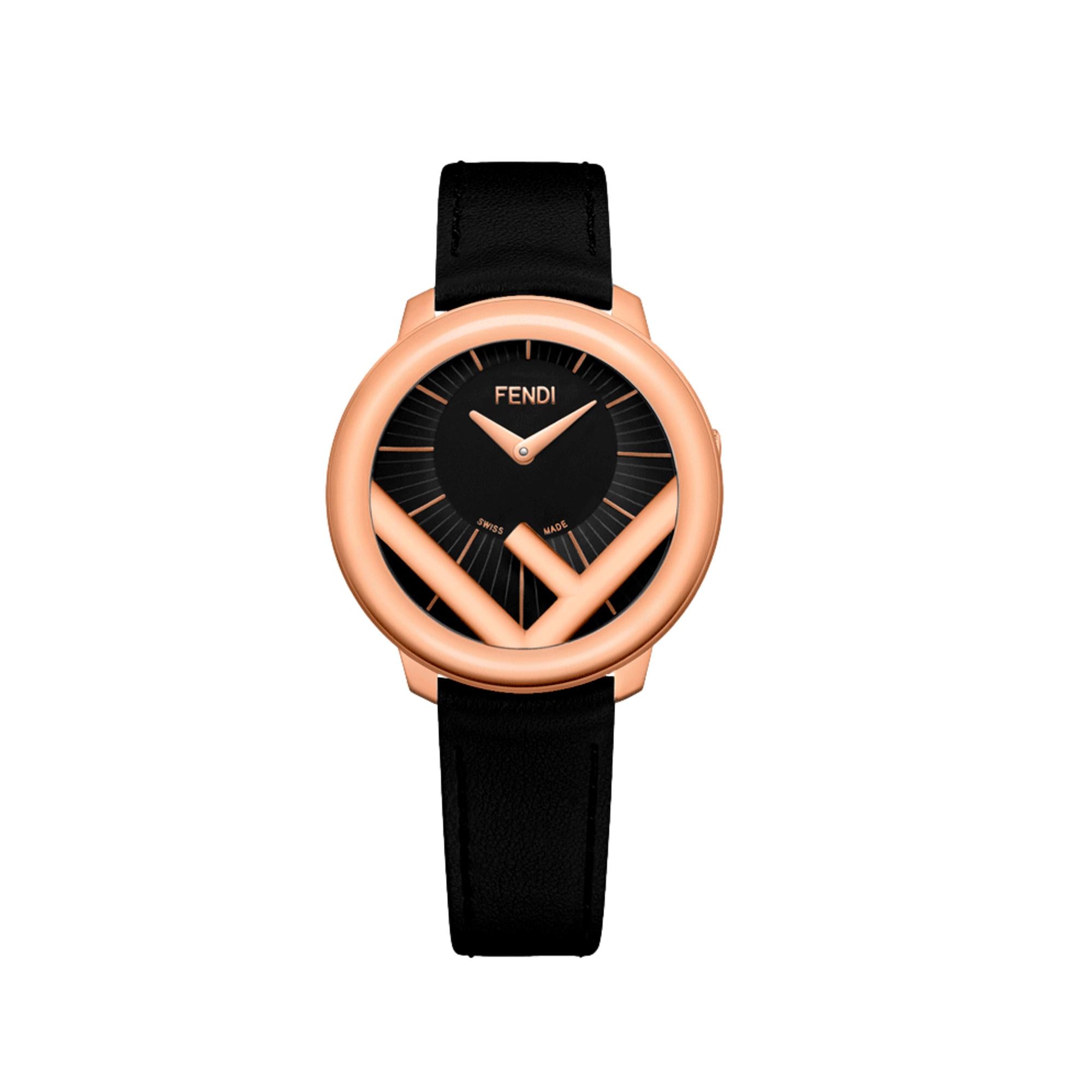 Fendi Runaway Watch: Rose Gold Elegance on Black Leather, 36MM - Shop Bags
