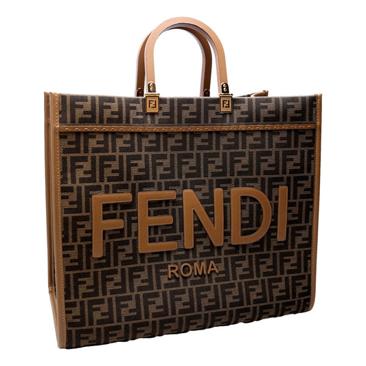 Fendi Sunshine Jacquard Canvas Leather Brown Zucca Large Tote - Shop Bags LLC