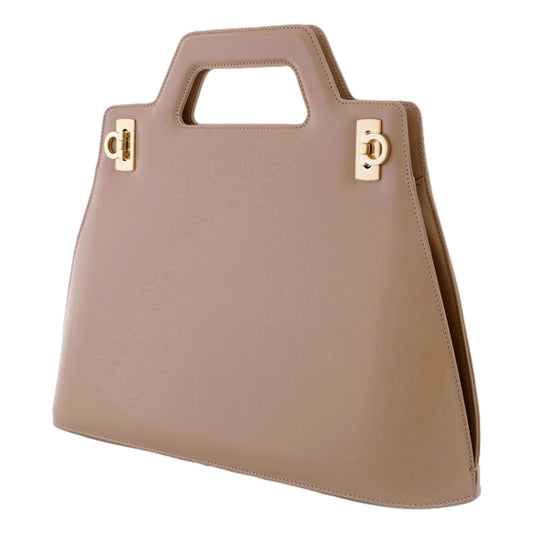 Ferragamo Wanda Beige Patent Leather Top Handle Handbag - Shop Bags LLC