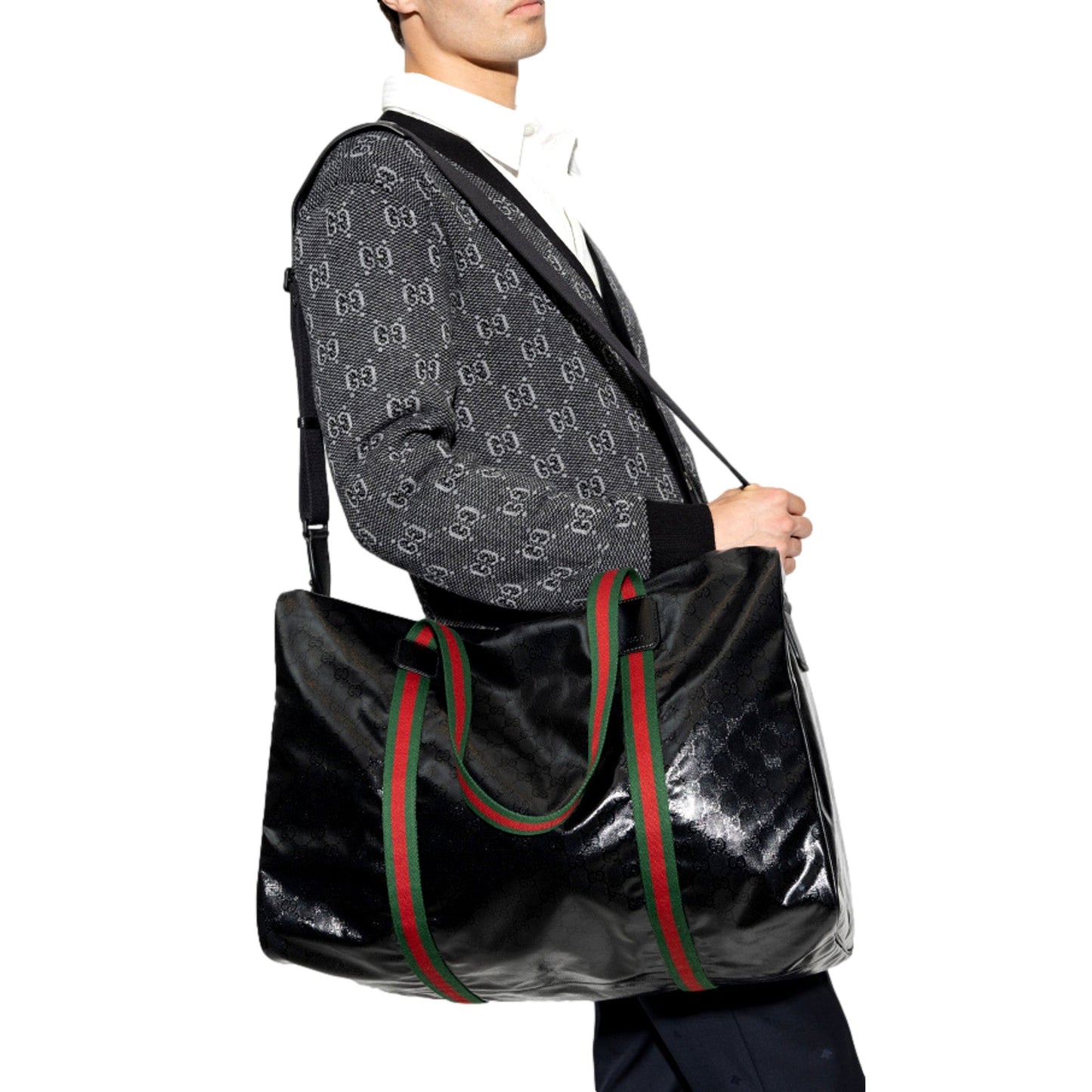 Gucci GG Duffle Maxi: Black Glossy Calfskin Leather Travel Bag - Shop Bags LLC