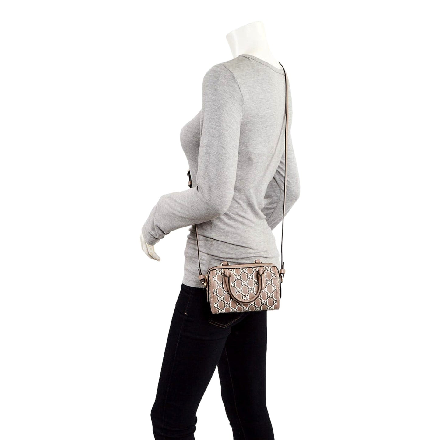 Gucci GG Shadow Monogram Canvas Leather Mini Bowler Bag Beige Black - Shop Bags LLC