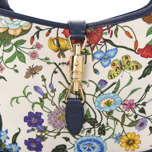 Gucci Jackie Flora Canvas Hobo Bag - Chic White & Blue Elegance - Shop Bags LLC