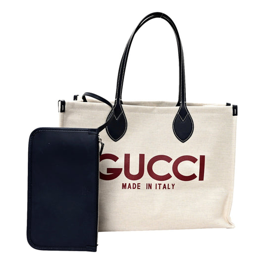 Gucci Supreme Canvas Beige Calfskin Logo Print Large Tote Bag Navy Multicolor - Shop Bags LLC