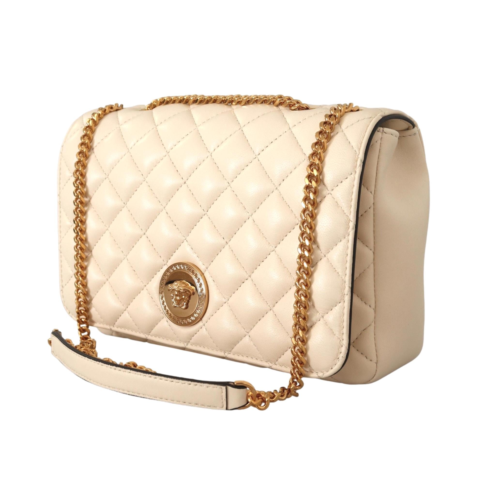 Large Shoulder Bag - Versace Beige Quilted Lamb Leather Elegance -   Shop Bags LLC