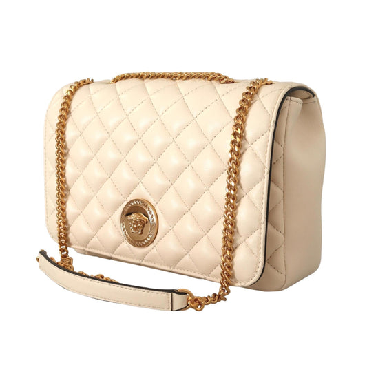 Large Shoulder Bag - Versace Beige Quilted Lamb Leather Elegance - Shop Bags LLC