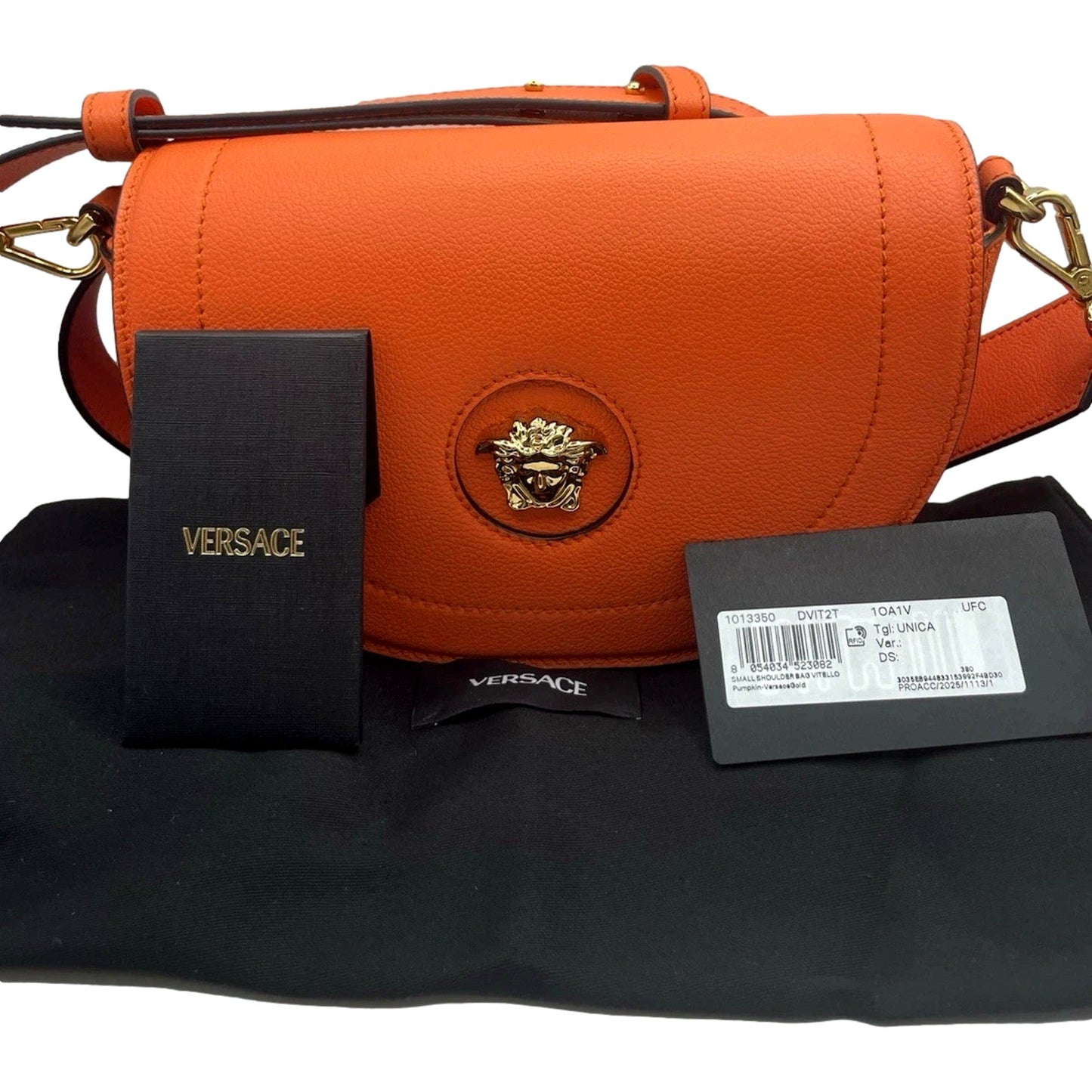 Leather Orange Crossbody Handbag: Versace La Medusa Half-Moon Style - Shop Bags LLC