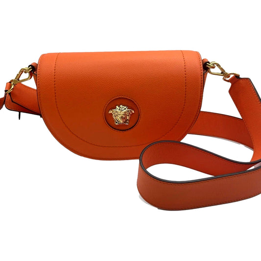 Leather Orange Crossbody Handbag: Versace La Medusa Half-Moon Style - Shop Bags LLC