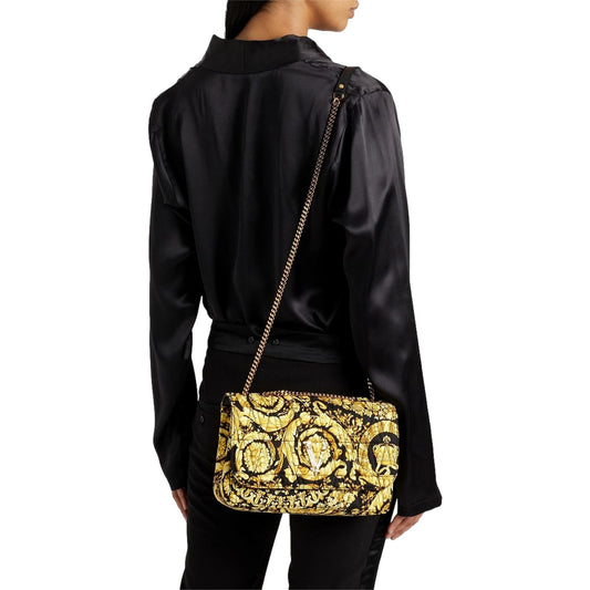 Luxurious Quilted Versace Virtus Shoulder Bag in Black & Gold Silk - Shop Bags LLC