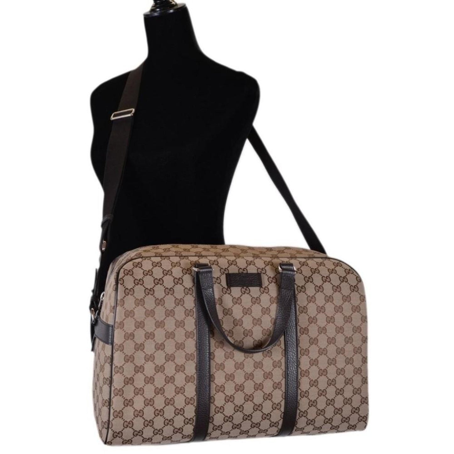 Luxury Gucci Duffle Bag: Stylish Travel in Beige Canvas & Leather - Shop Bags LLC