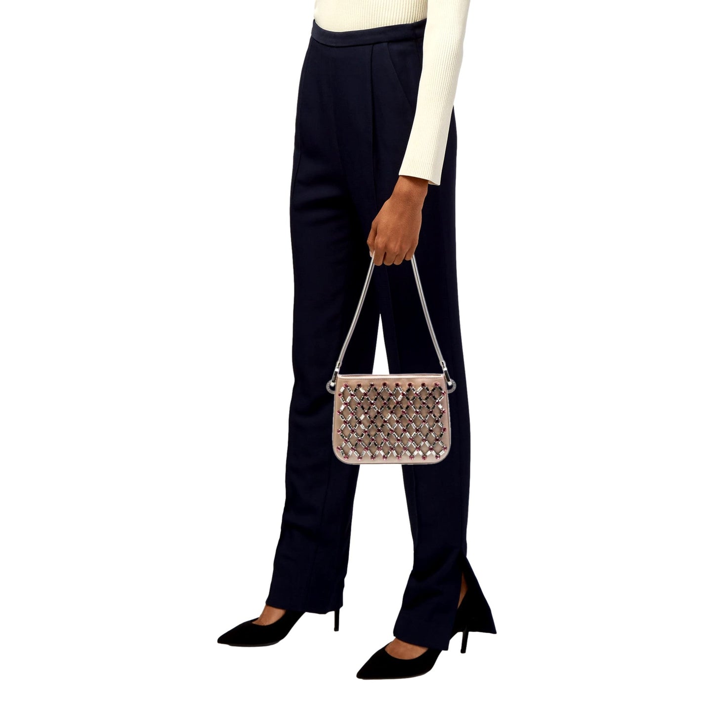 Miu Miu Sassy Handbag: Crystal Embellished Pink Satin Elegance - Shop Bags LLC