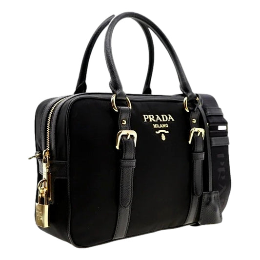 Prada Bauletto Tessuto Nylon Saffiano Black Satchel Handbag Handbags - Shop Bags LLC