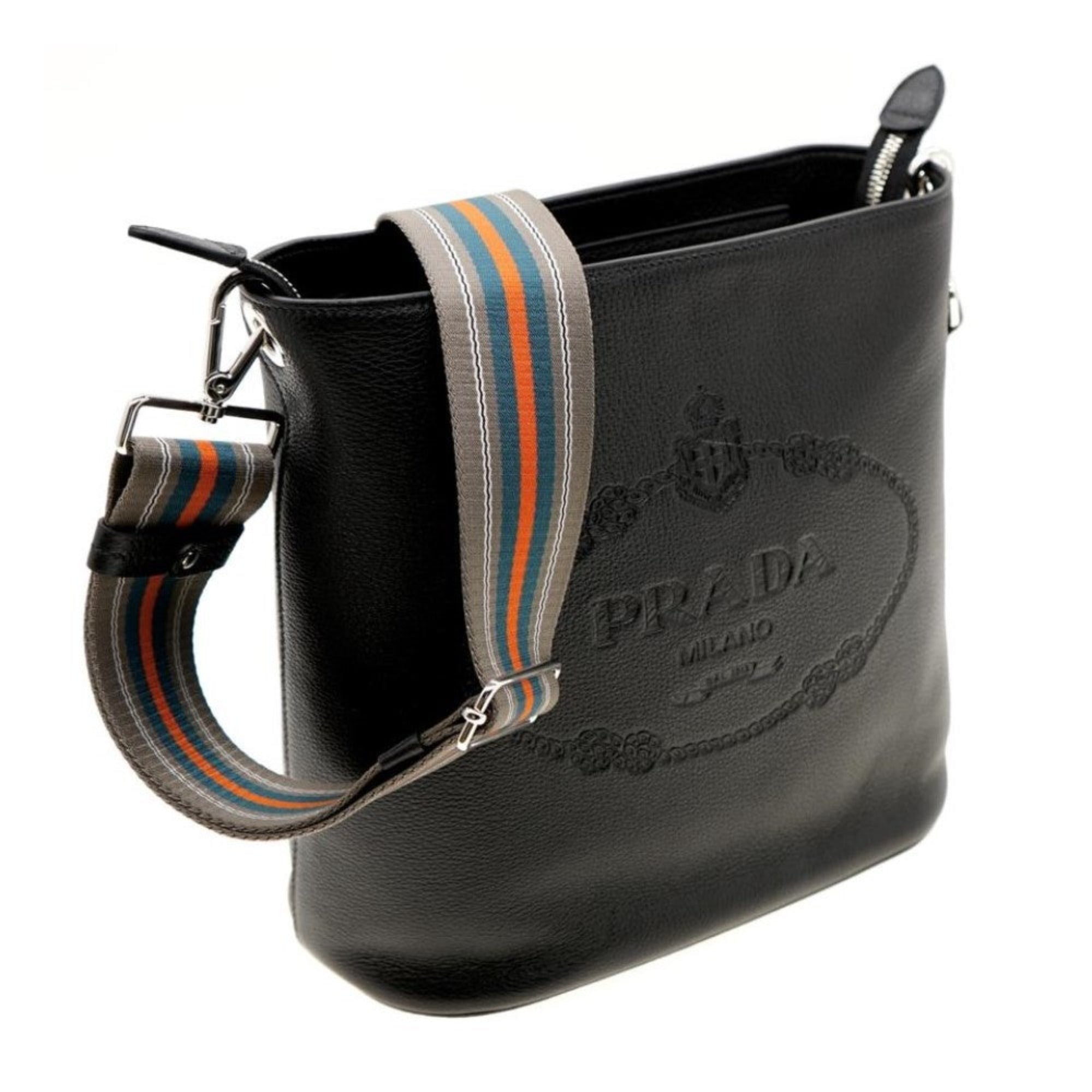 Prada Black Leather Bucket Bag - Stylish Crossbody & Web Strap -   Shop Bags LLC