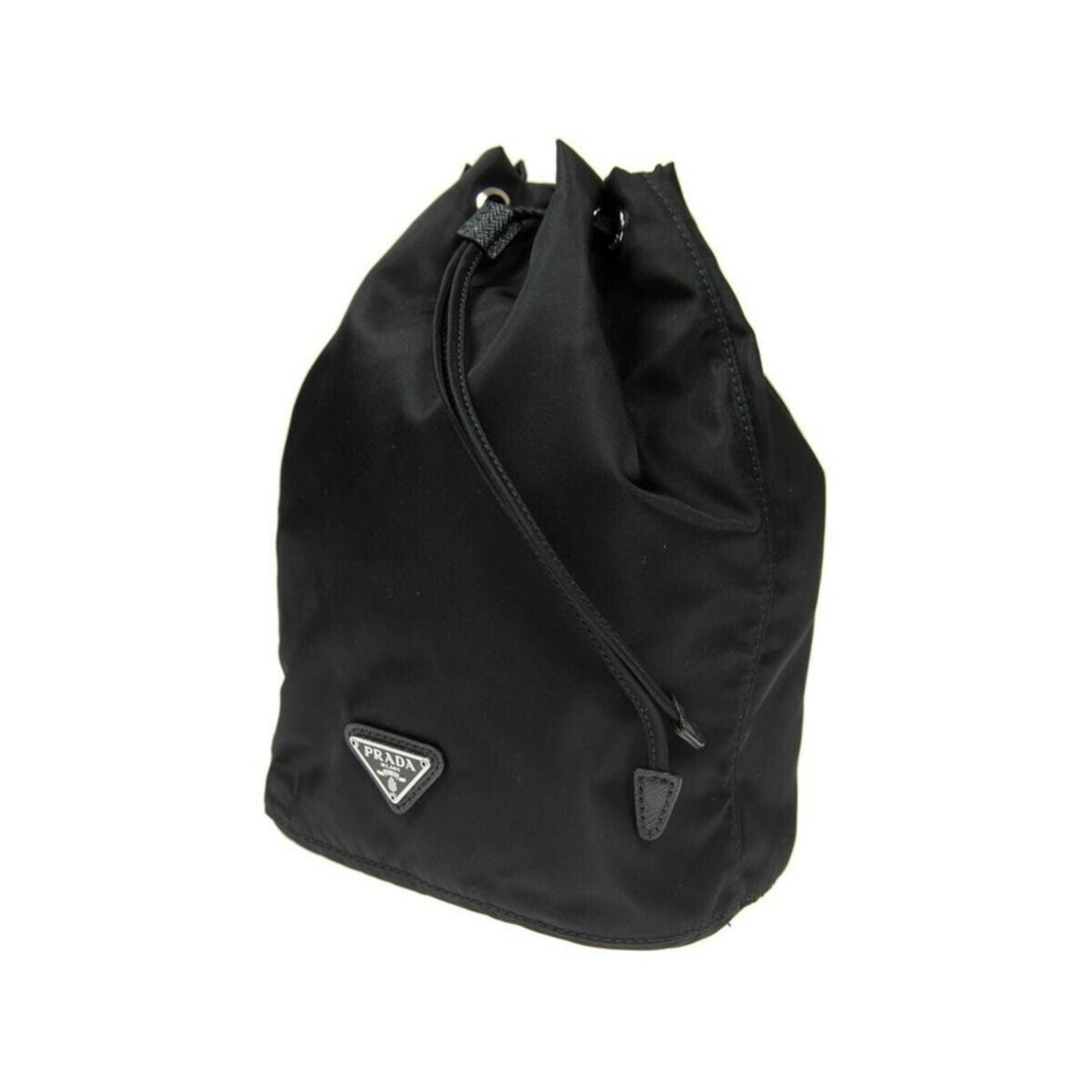 Prada Black Tessuto Nylon Triangle Logo Drawstring Bucket Bag -   Shop Bags LLC
