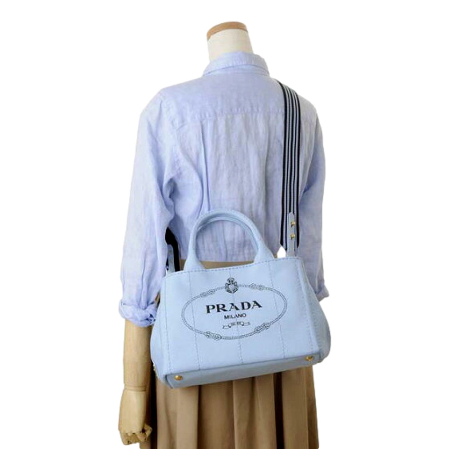 Prada Canapa 2Way Tote: Stylish Blue Black Canvas Elegance - Shop Bags LLC