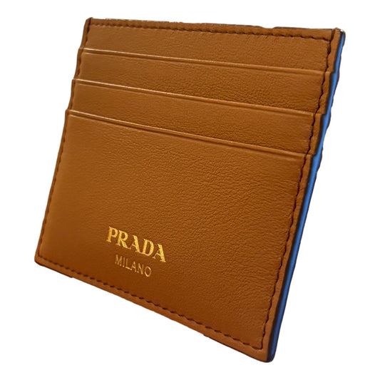 Prada Caramel Leather Card Holder - Gold Logo, 7 Slots, Elegant Design - Shop Bags LLC