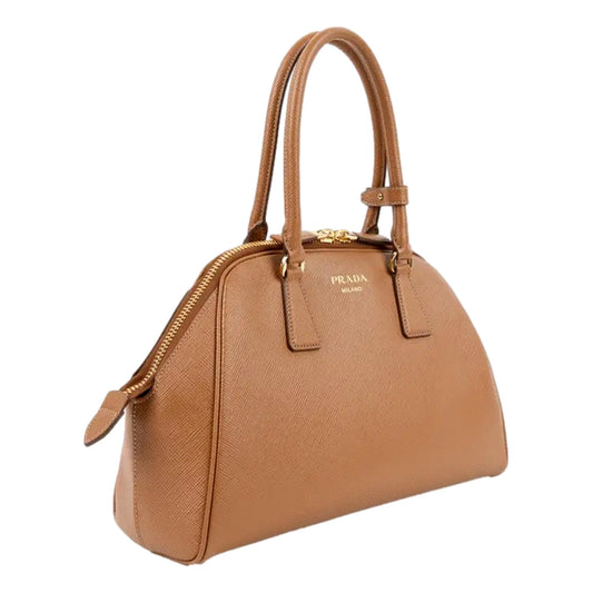Prada Saffiano Soft Calfskin Top Handle Handbag Medium Caramel Brown - Shop Bags LLC
