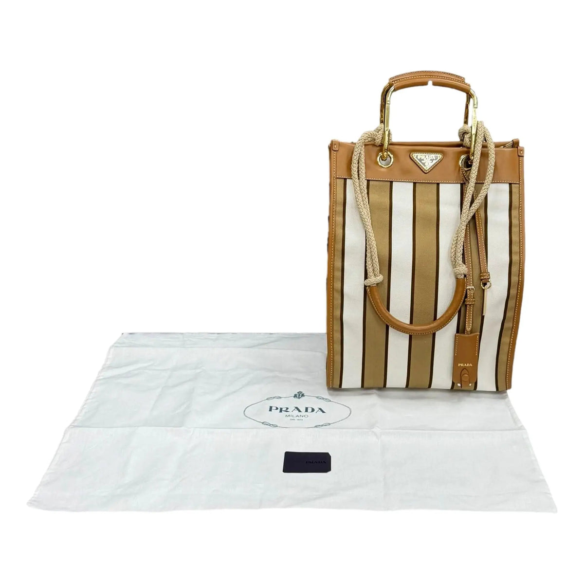 Prada Striped Canvas Tote Bag with Tan Leather Trim and Braided Rope Detail