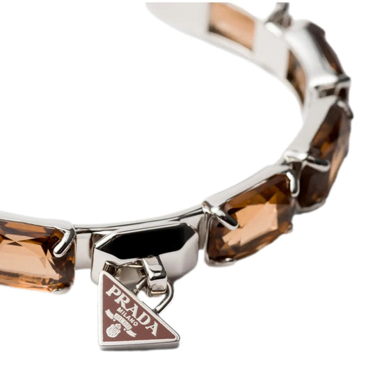 Prada Triangolo Silver Tone Brown Crystal Cuff Bracelet - Luxury Style - Shop Bags LLC