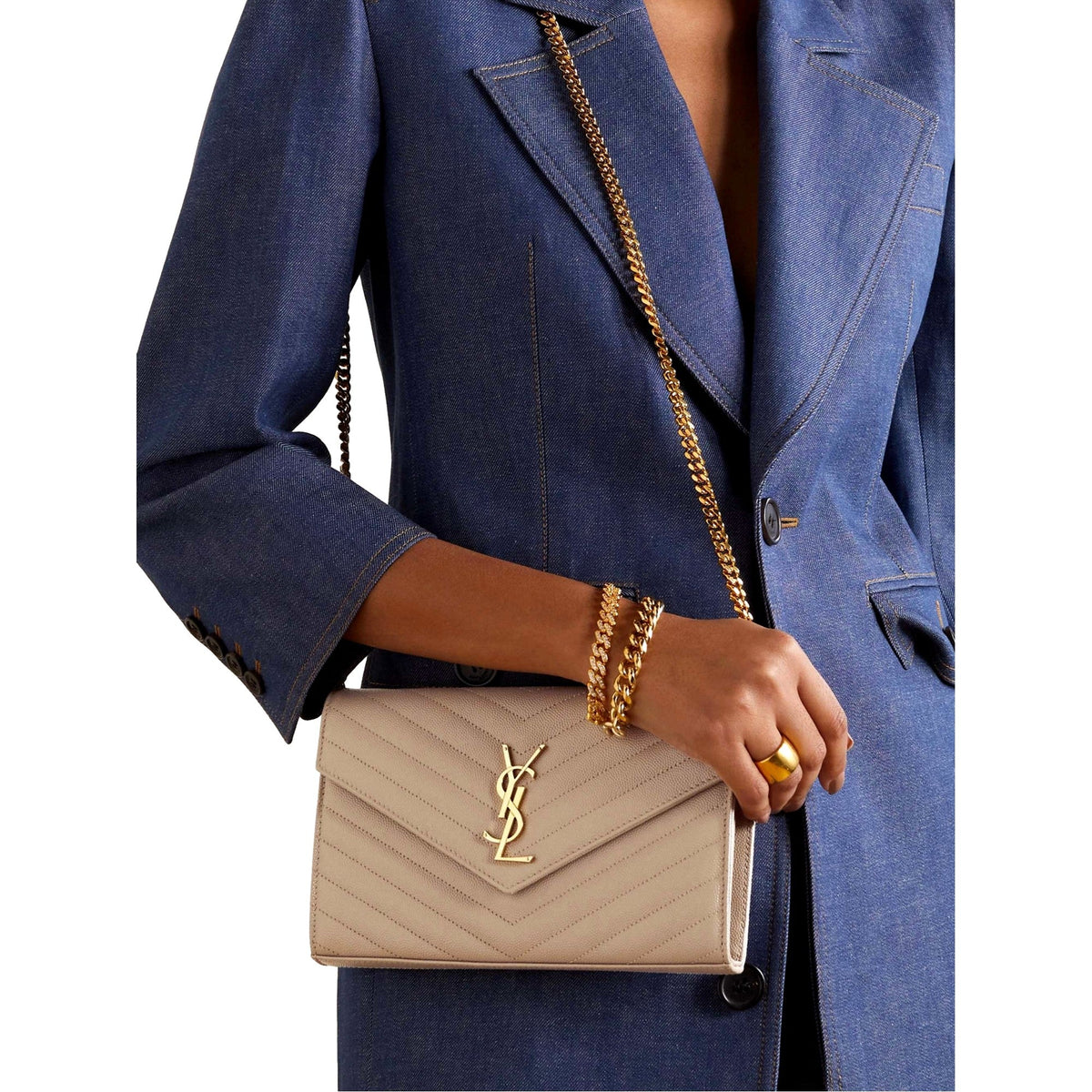 Saint Laurent Cassandre Matelass Chain Wallet: Luxury Beige