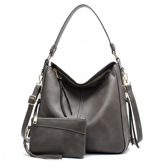 Stylish Gray Leather Tote Bag with Chic Pouch - Elevate Your Look - Shop Bags LLC
