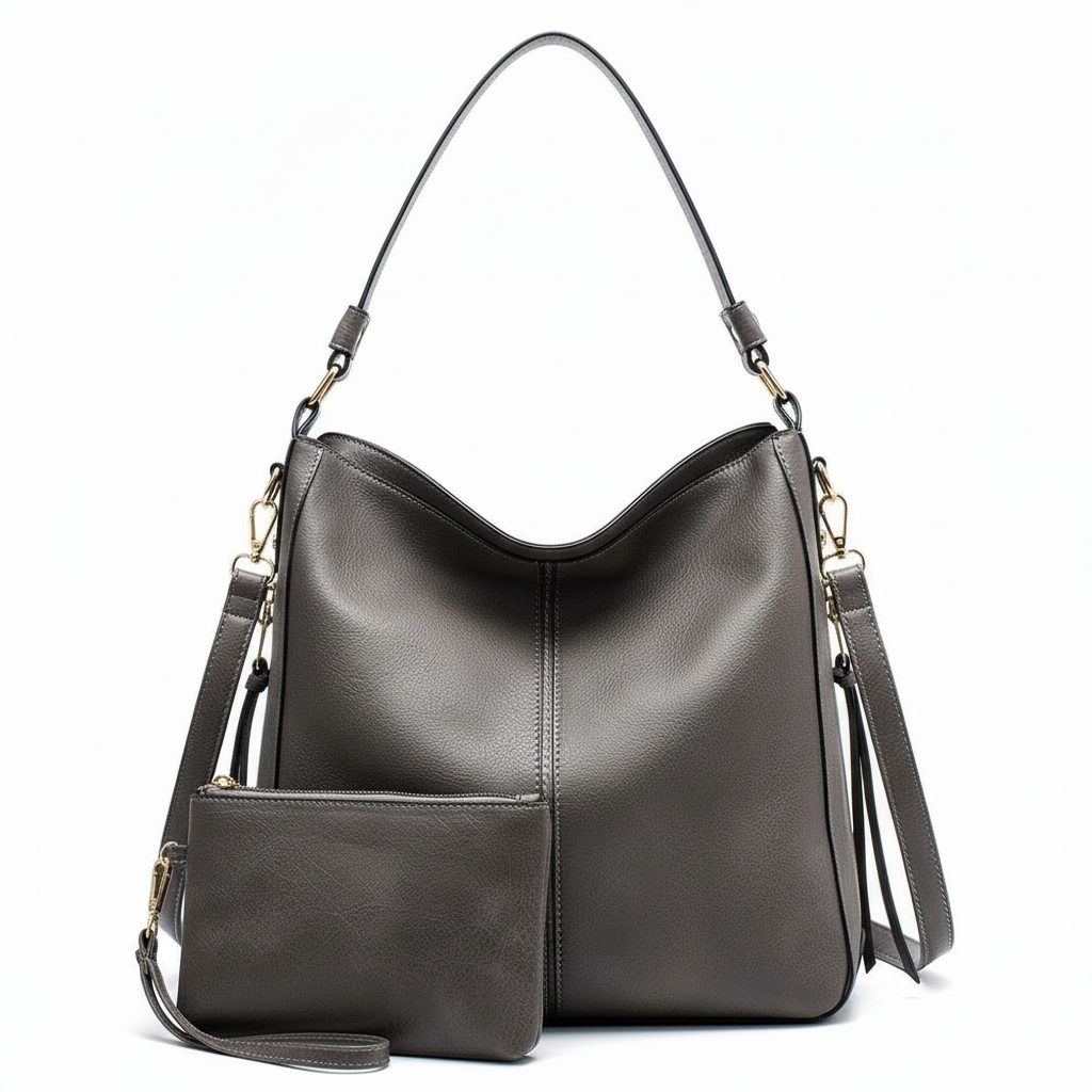 Stylish Gray Leather Tote Bag with Chic Pouch - Elevate Your Look - Shop Bags LLC