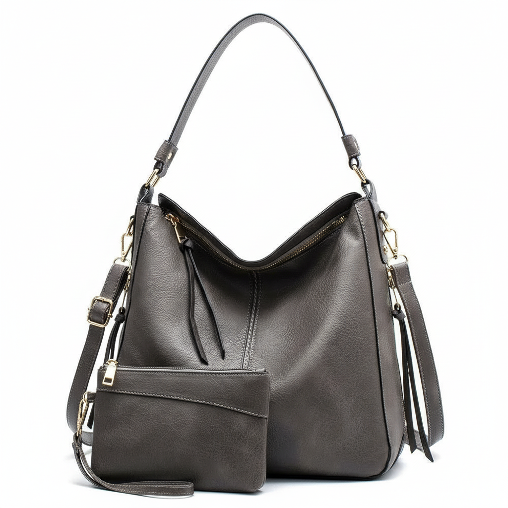 Stylish Gray Leather Tote Bag with Chic Pouch - Elevate Your Look -  Tote Bag, Handbag, Stylish Bag - Elevate your look with our durable gray leather tote, featuring a chic pouch for ultimate style and convenience. 14L x 4W x 12H Shop Bags LLC