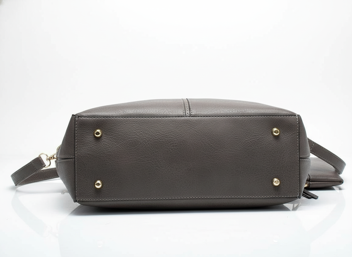 Stylish Gray Leather Tote Bag with Chic Pouch - Elevate Your Look -  Tote Bag, Handbag, Stylish Bag - Elevate your look with our durable gray leather tote, featuring a chic pouch for ultimate style and convenience. 14L x 4W x 12H Shop Bags LLC