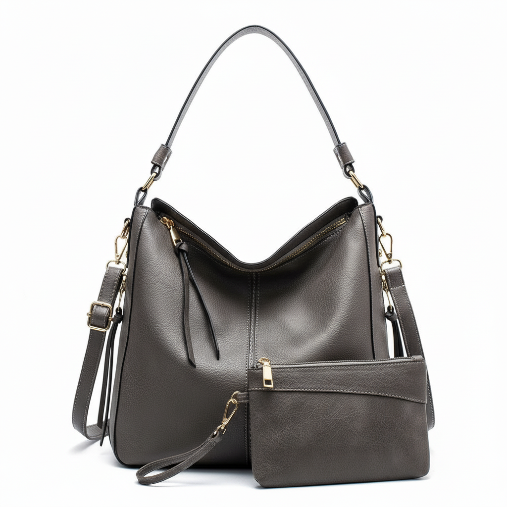 Stylish Gray Leather Tote Bag with Chic Pouch - Elevate Your Look -  Tote Bag, Handbag, Stylish Bag - Elevate your look with our durable gray leather tote, featuring a chic pouch for ultimate style and convenience. 14L x 4W x 12H Shop Bags LLC