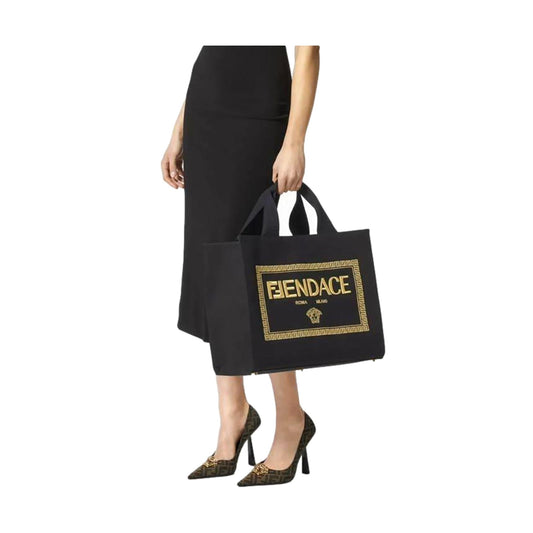 Stylish Large Shopping Tote: Fendi x Versace Fendace Black Canvas - Shop Bags LLC
