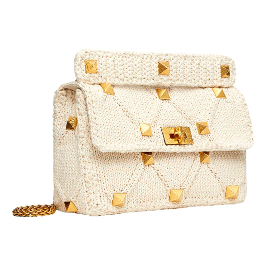 Valentino Garavani Roman Stud Large Shoulder Bag - Ivory Knit Elegance - Shop Bags LLC