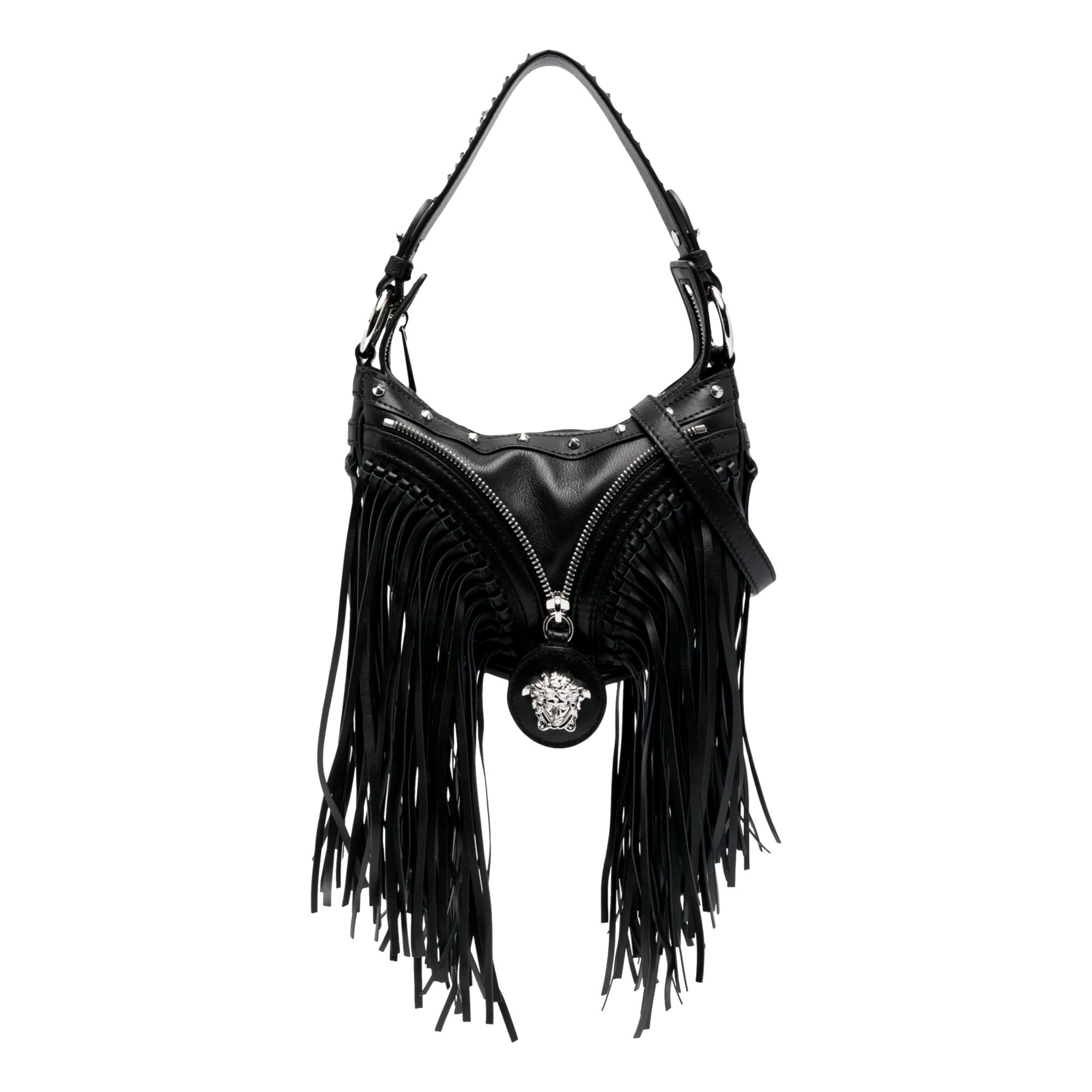 Versace Repeat Fringe La Medusa Mini Hobo Bag - Chic Black Leather - Shop Bags