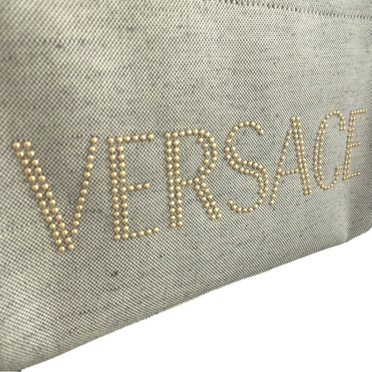 Versace Tote Bag: Ecru Canvas Mini Bag with Studded Logo Design - Shop Bags LLC