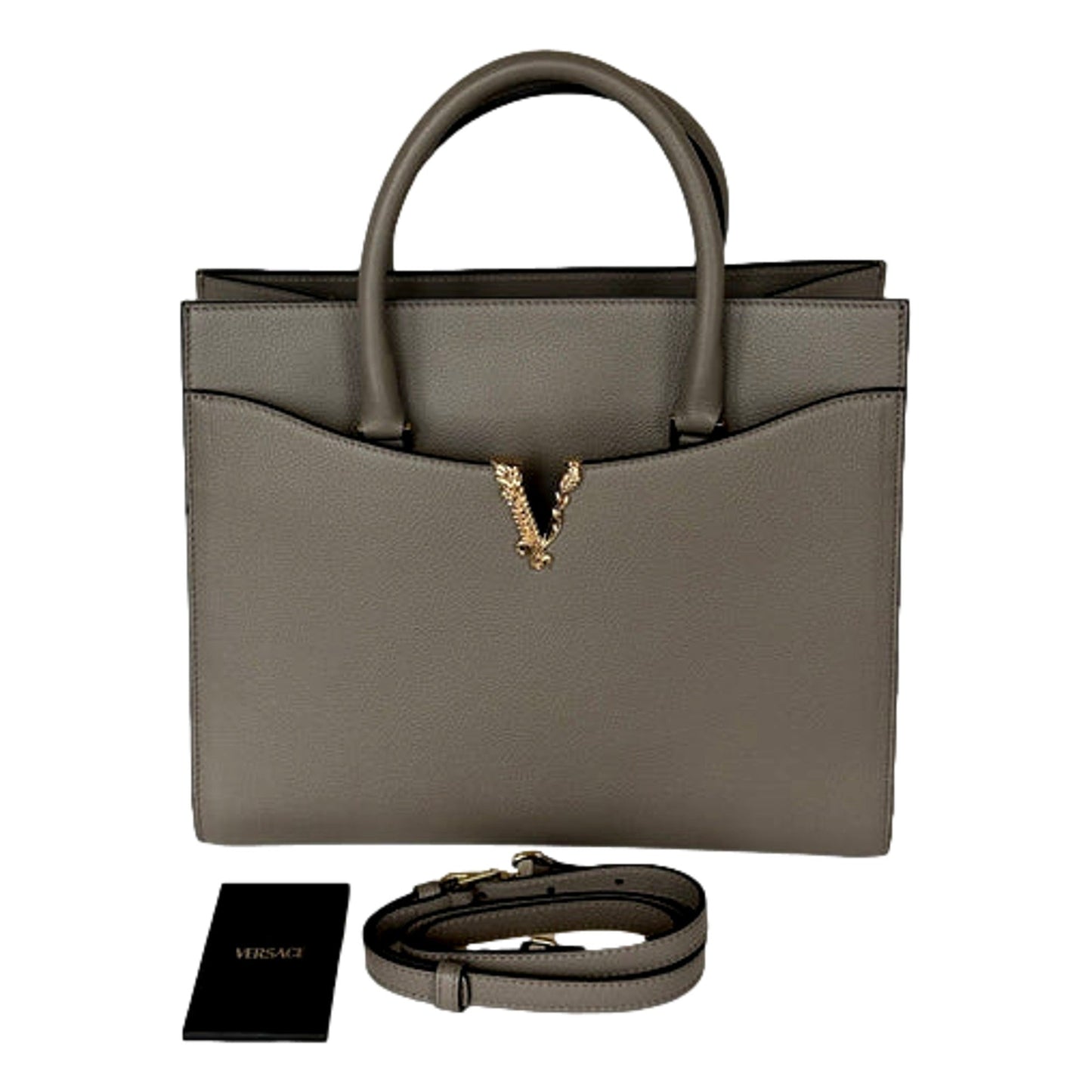 Versace Virtus Calfskin Leather Medium Top Handle Tote Taupe Grey - Shop Bags LLC