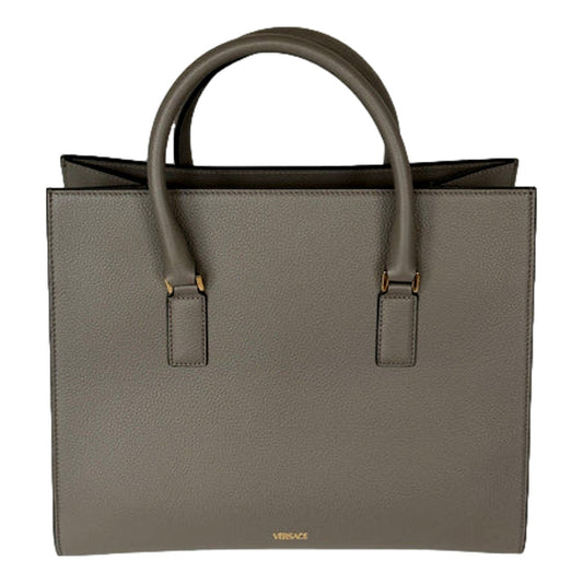 Versace Virtus Calfskin Leather Medium Top Handle Tote Taupe Grey - Shop Bags LLC