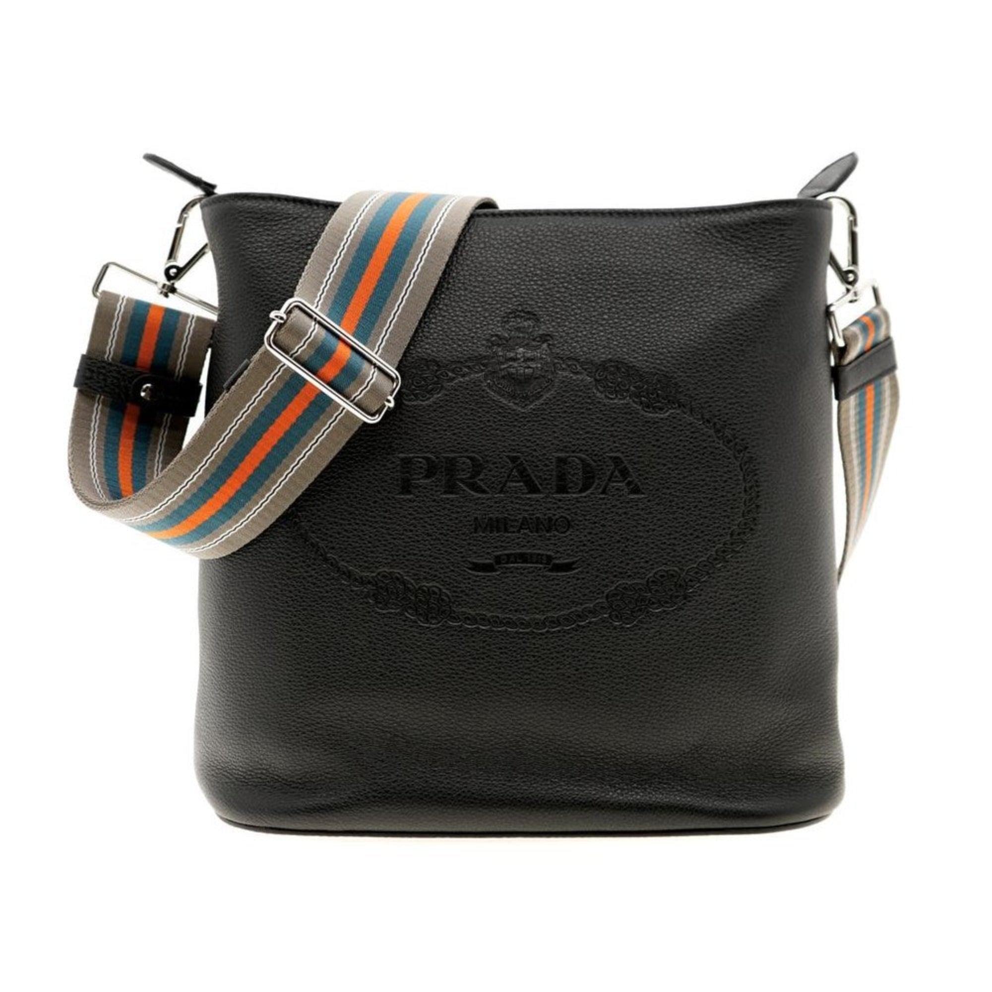 Prada Black Leather Bucket Bag - Stylish Crossbody & Web Strap