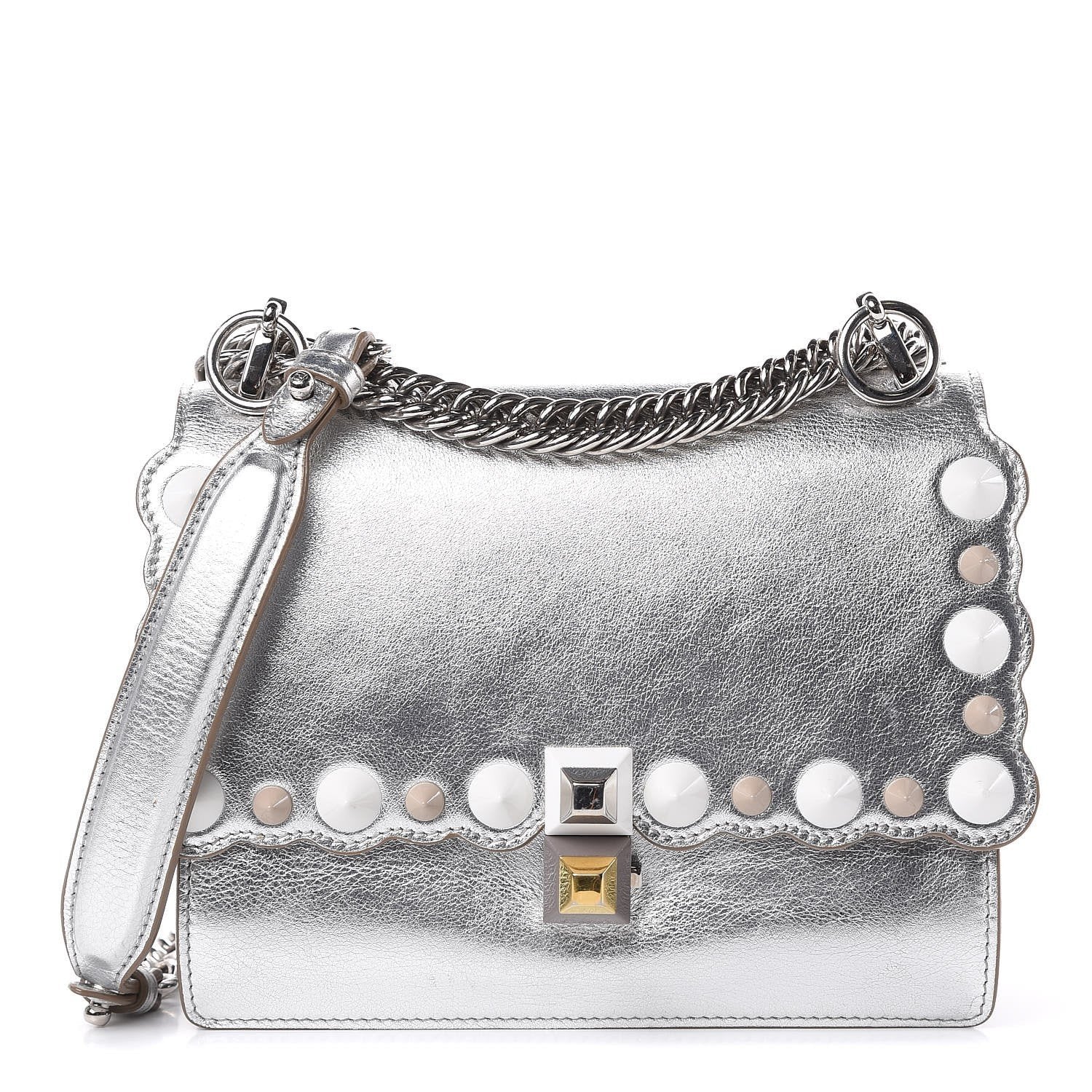 Fendi Kan I Metallic Silver Bag - Scalloped, Studded & Stylish