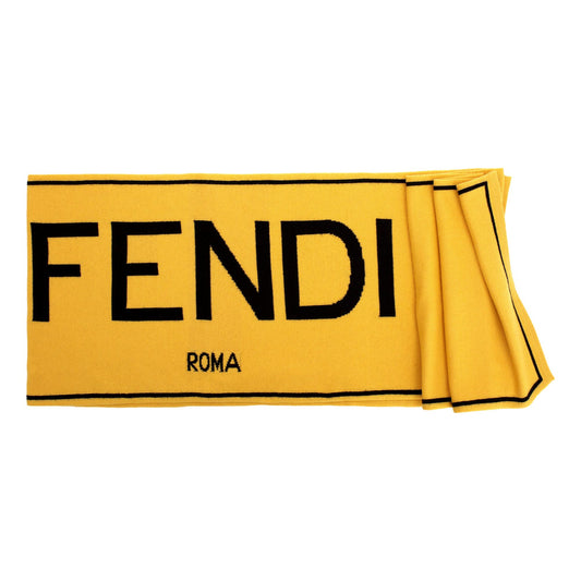 Featured image for Fendi Roma Knitted Wool & Cashmere Yellow Black Logo Scarf Review