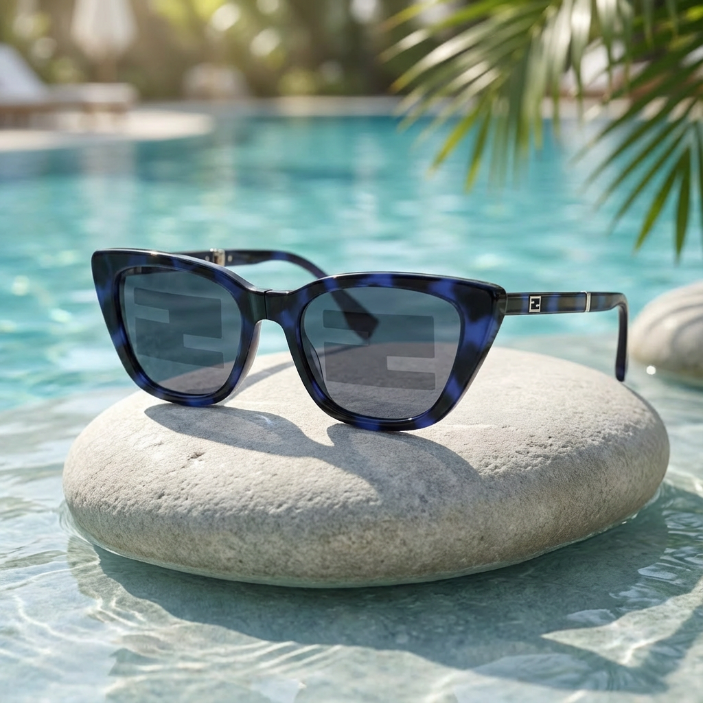 Blue sunglasses on a stone by a pool with blurred greenery in the background