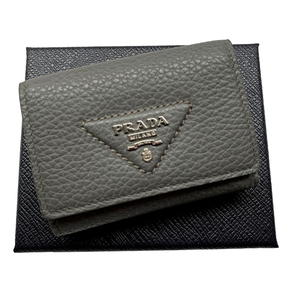 Prada Trifold Wallet - Elegant Marmo Grey Leather, Silver Logo Design