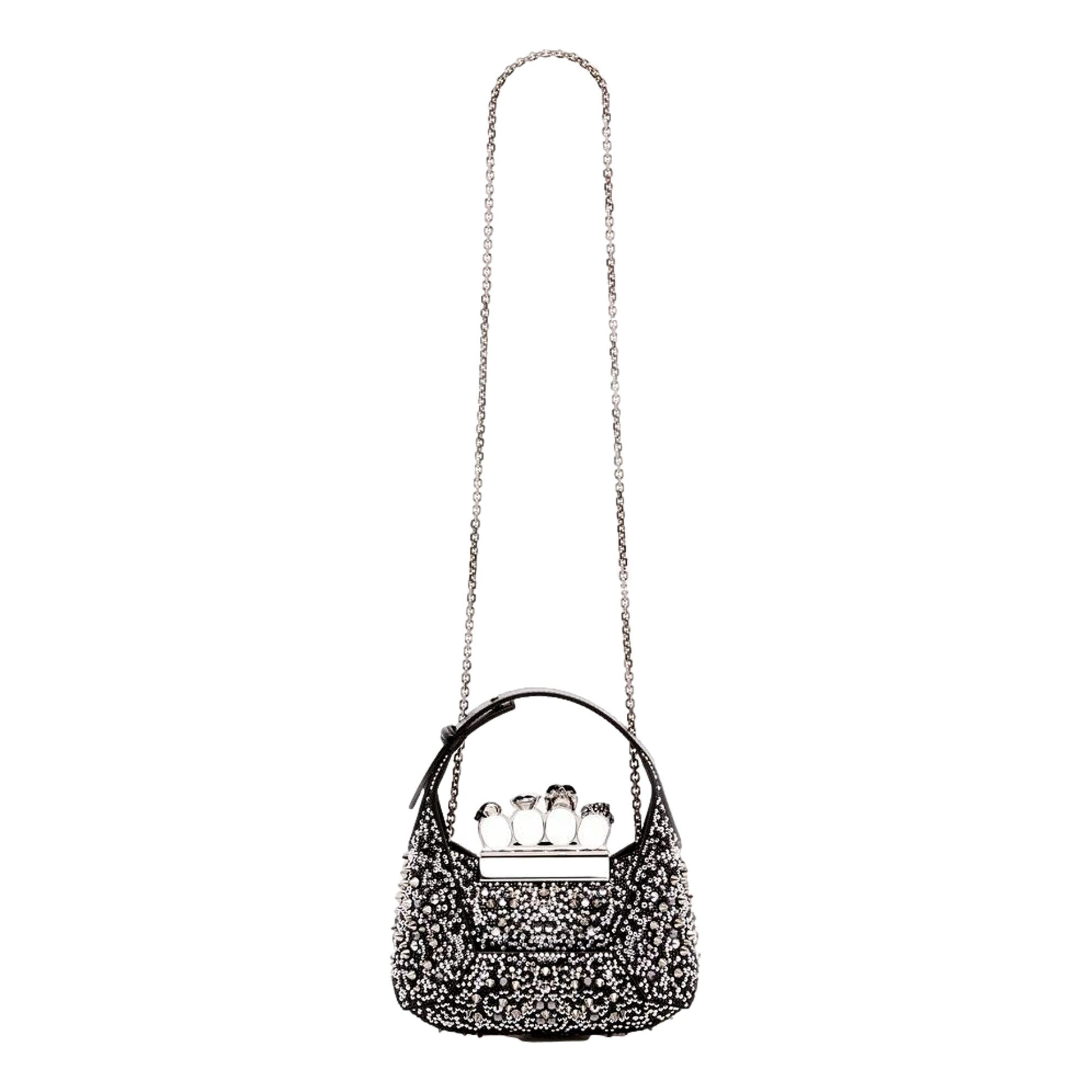 Alexander McQueen Crystal Jewelled Hobo Bag Black Skull Knuckle Handle -   Shop Bags LLC 
