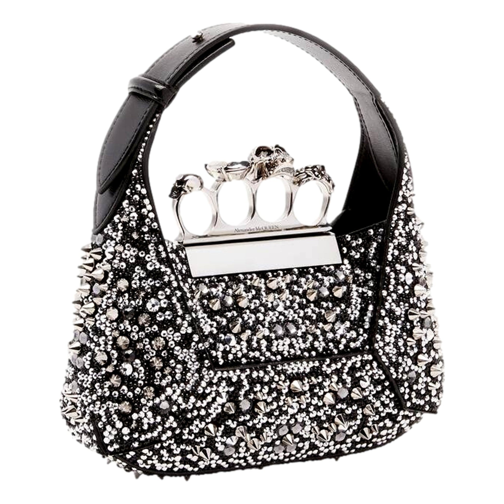 Alexander McQueen Crystal Jewelled Hobo Bag Black Skull Knuckle Handle -   Shop Bags LLC 