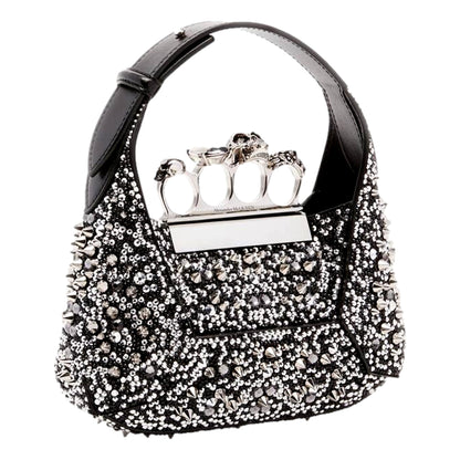 Alexander McQueen Crystal Jewelled Hobo Bag Black Skull Knuckle Handle -   Shop Bags LLC 