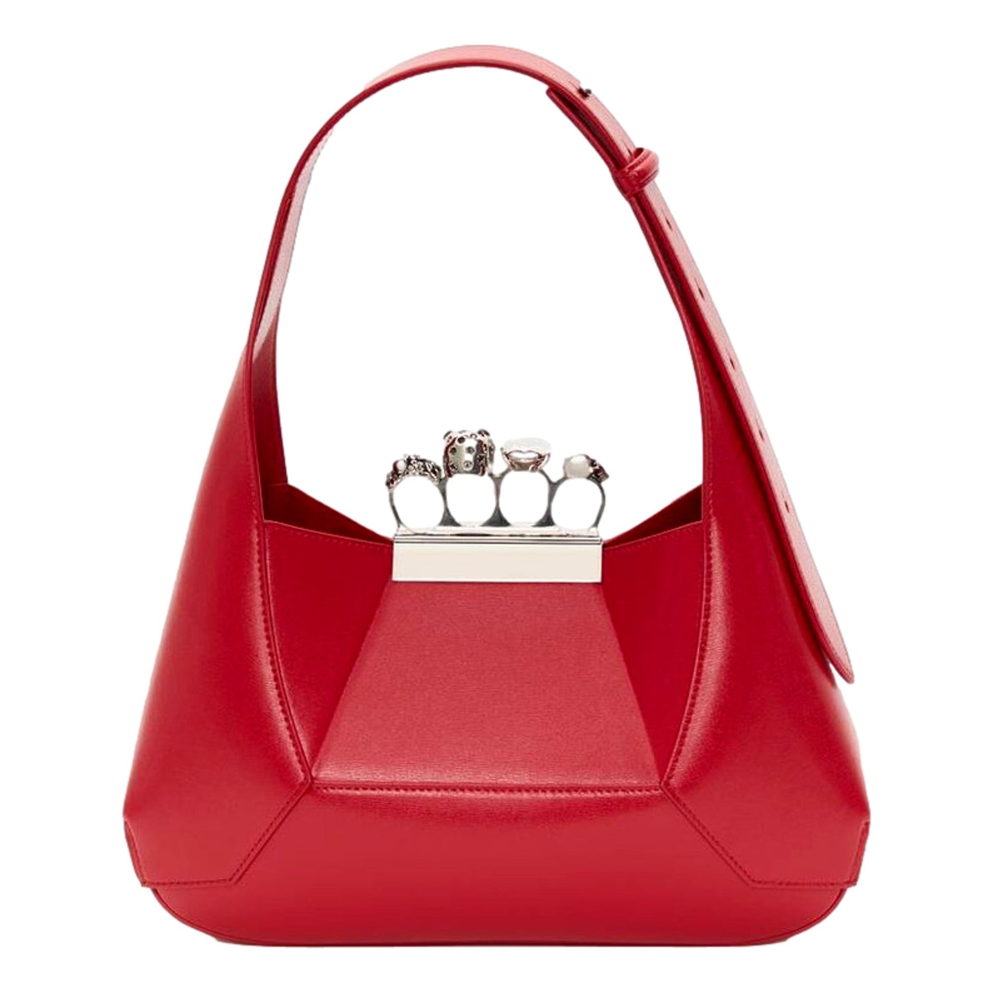 Alexander McQueen The Jewelled Hobo Bag in Red Leather with Silver Knuckle -   Shop Bags LLC 