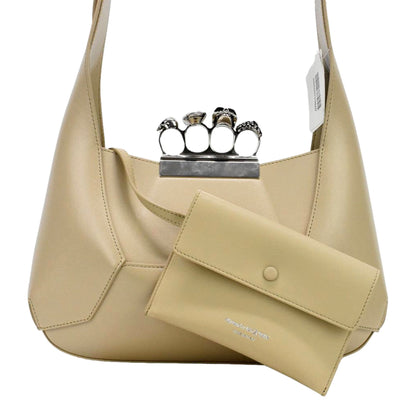 Alexander McQueen The Jewelled Leather Shoulder Bag Beige Skull Ring Handle -   Shop Bags LLC 