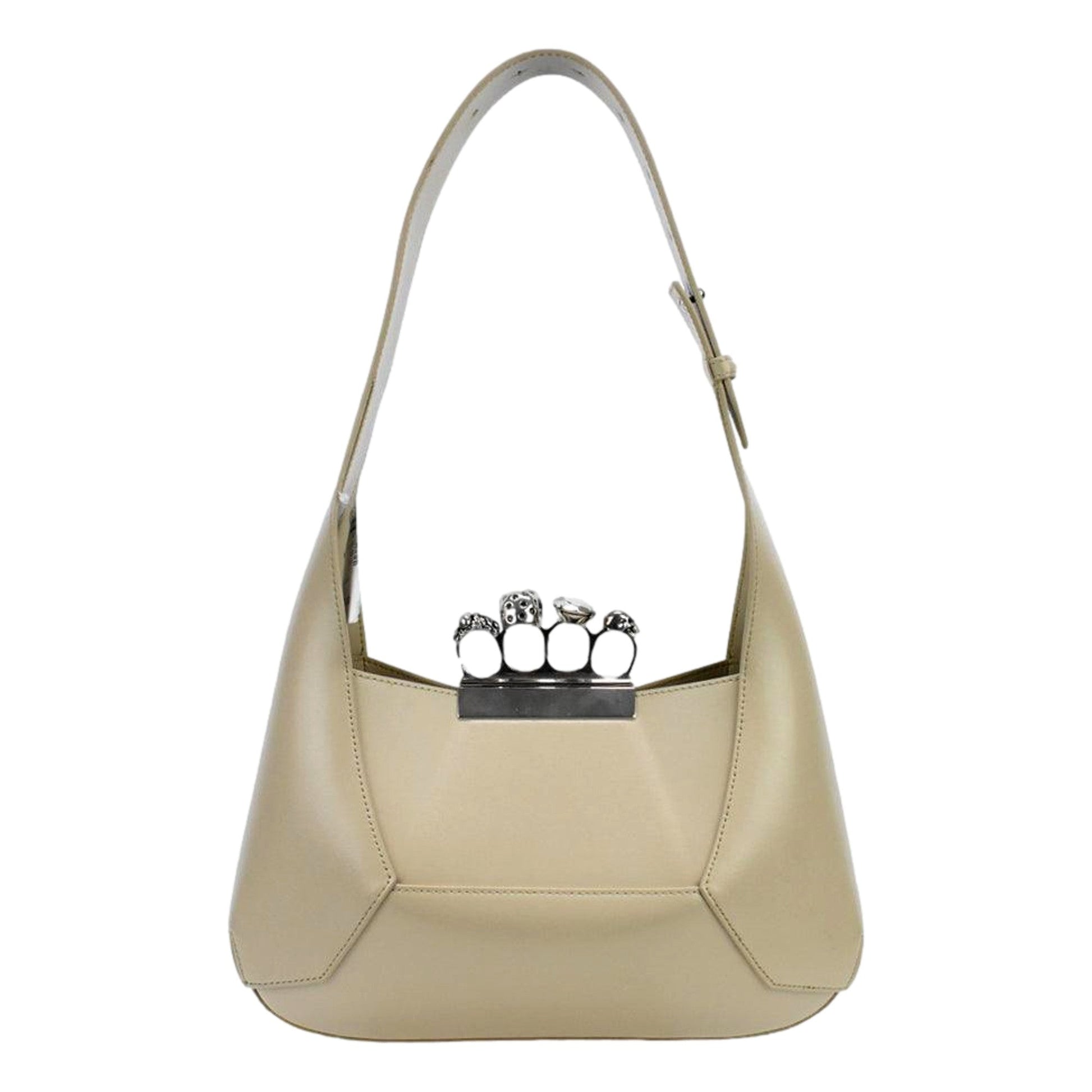 Alexander McQueen The Jewelled Leather Shoulder Bag Beige Skull Ring Handle -   Shop Bags LLC 