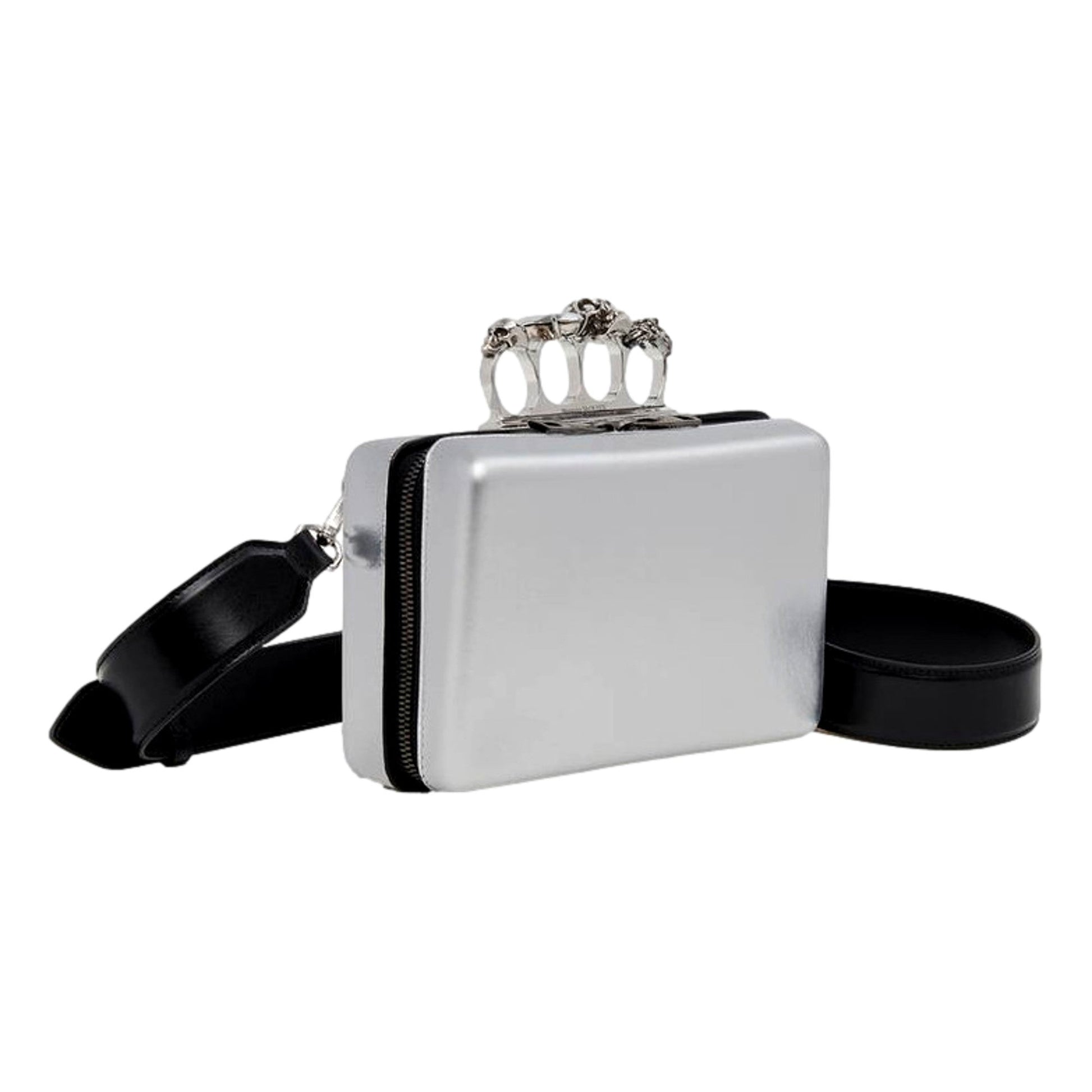 Alexander McQueen The Knuckle Silver Leather Zip Around Crossbody Bag -   Shop Bags LLC 