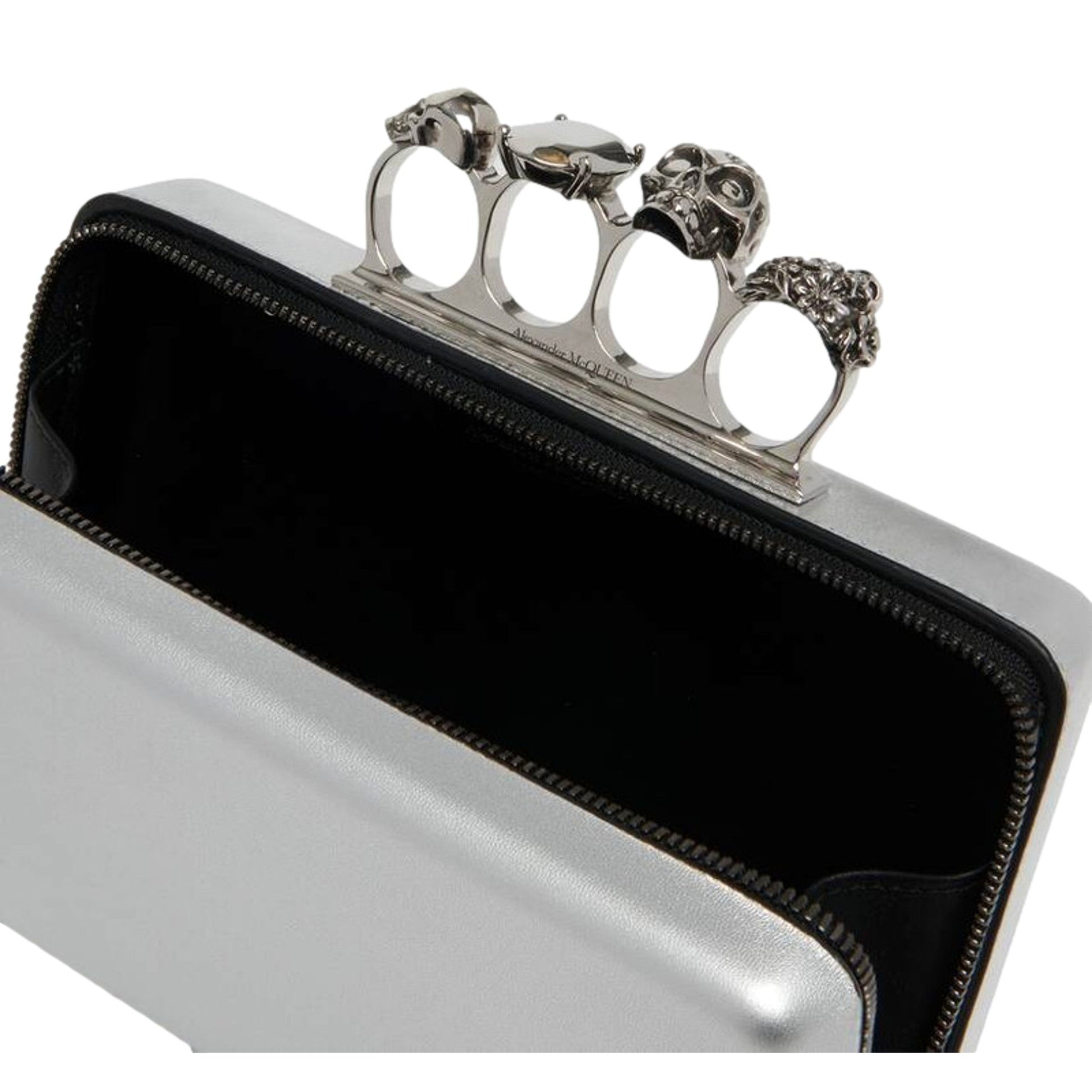 Alexander McQueen The Knuckle Silver Leather Zip Around Crossbody Bag -   Shop Bags LLC 