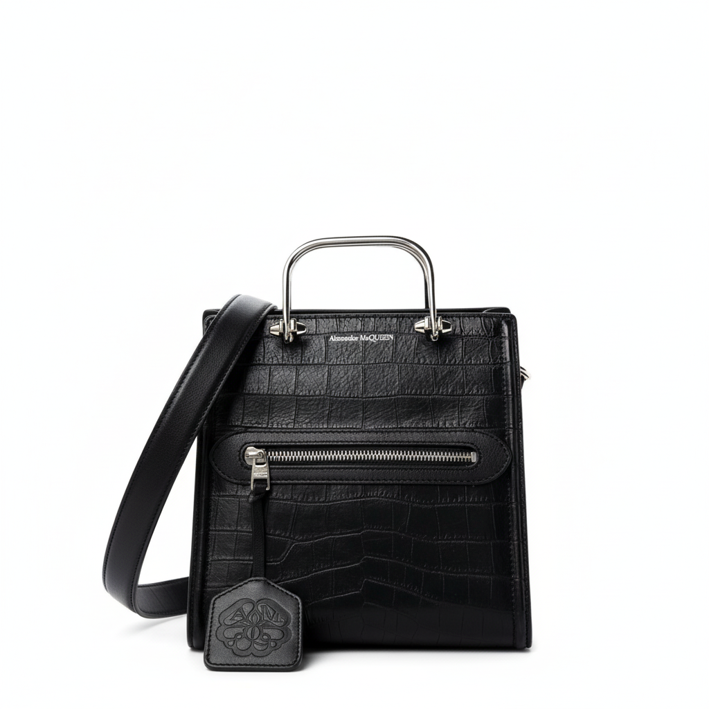 Alexander McQueen: The Short Story Black Croc Leather Satchel Bag -   Shop Bags LLC